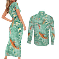 Green Palaka Hawaiian And Japanese Couples Matching Short Sleeve Bodycon Dress and Long Sleeve Button Shirt Sakura Lei With Koi Fish - Polynesian Pride
