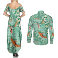 Green Palaka Hawaiian And Japanese Couples Matching Summer Maxi Dress and Long Sleeve Button Shirt Sakura Lei With Koi Fish - Polynesian Pride