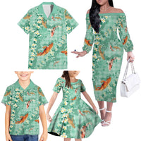 Green Palaka Hawaiian And Japanese Family Matching Off The Shoulder Long Sleeve Dress and Hawaiian Shirt Sakura Lei With Koi Fish DT05 - Polynesian Pride