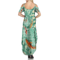 Green Palaka Hawaiian And Japanese Family Matching Summer Maxi Dress and Hawaiian Shirt Sakura Lei With Koi Fish DT05 - Polynesian Pride