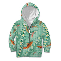 Green Palaka Hawaiian And Japanese Kid Hoodie Sakura Lei With Koi Fish DT05 Zip Hoodie Green - Polynesian Pride