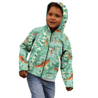 Green Palaka Hawaiian And Japanese Kid Hoodie Sakura Lei With Koi Fish DT05 - Polynesian Pride