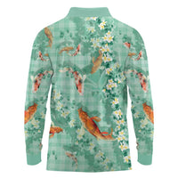 Green Palaka Hawaiian And Japanese Long Sleeve Polo Shirt Sakura Lei With Koi Fish DT05 - Polynesian Pride