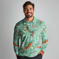 Green Palaka Hawaiian And Japanese Long Sleeve Polo Shirt Sakura Lei With Koi Fish DT05 - Polynesian Pride