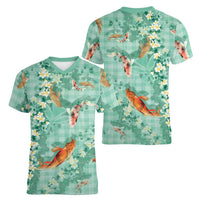 Green Palaka Hawaiian And Japanese Women V-Neck T-Shirt Sakura Lei With Koi Fish - Polynesian Pride
