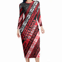 Personalised Aotearoa Te Arawa Long Sleeve Bodycon Dress New Zealand Maori Tribal Fern Pattern DT05 Long Dress Red - Polynesian Pride