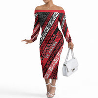 Personalised Aotearoa Te Arawa Off The Shoulder Long Sleeve Dress New Zealand Maori Tribal Fern Pattern DT05 Women Red - Polynesian Pride