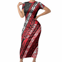 Personalised Aotearoa Te Arawa Short Sleeve Bodycon Dress New Zealand Maori Tribal Fern Pattern DT05 Long Dress Red - Polynesian Pride