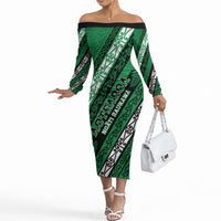 Personalised Aotearoa Ngati Raukawa Off The Shoulder Long Sleeve Dress New Zealand Maori Tribal Fern Pattern DT05 Women Green - Polynesian Pride