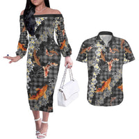 Black Palaka Hawaiian And Japanese Couples Matching Off The Shoulder Long Sleeve Dress and Hawaiian Shirt Sakura Lei With Koi Fish DT05 Black - Polynesian Pride