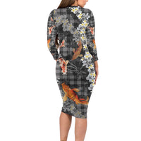 Black Palaka Hawaiian And Japanese Family Matching Long Sleeve Bodycon Dress and Hawaiian Shirt Sakura Lei With Koi Fish DT05 - Polynesian Pride