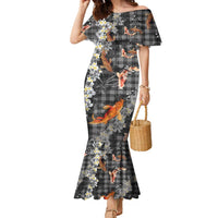 Black Palaka Hawaiian And Japanese Family Matching Mermaid Dress and Hawaiian Shirt Sakura Lei With Koi Fish DT05 Mom's Dress Black - Polynesian Pride