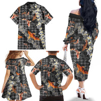 Black Palaka Hawaiian And Japanese Family Matching Off The Shoulder Long Sleeve Dress and Hawaiian Shirt Sakura Lei With Koi Fish DT05 - Polynesian Pride