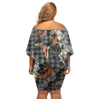 Black Palaka Hawaiian And Japanese Family Matching Off Shoulder Short Dress and Hawaiian Shirt Sakura Lei With Koi Fish DT05 - Polynesian Pride