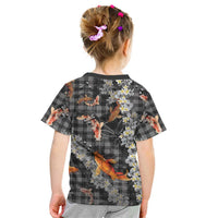 Black Palaka Hawaiian And Japanese Kid T Shirt Sakura Lei With Koi Fish - Polynesian Pride