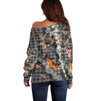 Black Palaka Hawaiian And Japanese Off Shoulder Sweater Sakura Lei With Koi Fish DT05 - Polynesian Pride