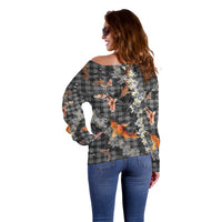 Black Palaka Hawaiian And Japanese Off Shoulder Sweater Sakura Lei With Koi Fish DT05 - Polynesian Pride