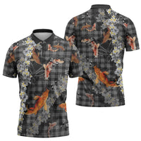 Black Palaka Hawaiian And Japanese Zipper Polo Shirt Sakura Lei With Koi Fish - Polynesian Pride
