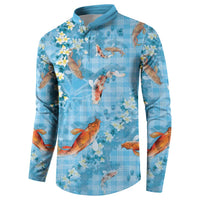 Blue Palaka Hawaiian And Japanese Button Sweatshirt Sakura Lei With Koi Fish - Polynesian Pride
