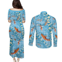Blue Palaka Hawaiian And Japanese Couples Matching Puletasi and Long Sleeve Button Shirt Sakura Lei With Koi Fish - Polynesian Pride