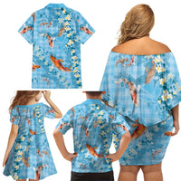 Blue Palaka Hawaiian And Japanese Family Matching Off Shoulder Short Dress and Hawaiian Shirt Sakura Lei With Koi Fish DT05 - Polynesian Pride
