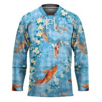 Blue Palaka Hawaiian And Japanese Hockey Jersey Sakura Lei With Koi Fish - Polynesian Pride