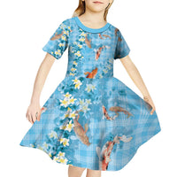 Blue Palaka Hawaiian And Japanese Kid Short Sleeve Dress Sakura Lei With Koi Fish - Polynesian Pride