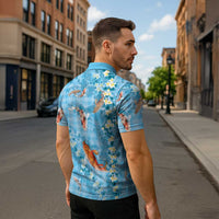 Blue Palaka Hawaiian And Japanese Zipper Polo Shirt Sakura Lei With Koi Fish - Polynesian Pride