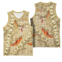 Beige Palaka Hawaiian And Japanese Basketball Jersey Sakura Lei With Koi Fish - Polynesian Pride