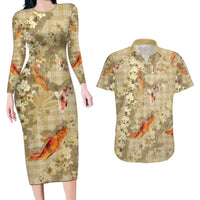 Beige Palaka Hawaiian And Japanese Couples Matching Long Sleeve Bodycon Dress and Hawaiian Shirt Sakura Lei With Koi Fish DT05 Beige - Polynesian Pride