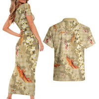 Beige Palaka Hawaiian And Japanese Couples Matching Short Sleeve Bodycon Dress and Hawaiian Shirt Sakura Lei With Koi Fish DT05 - Polynesian Pride