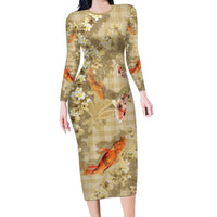 Beige Palaka Hawaiian And Japanese Family Matching Long Sleeve Bodycon Dress and Hawaiian Shirt Sakura Lei With Koi Fish DT05 Mom's Dress Beige - Polynesian Pride