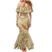 Beige Palaka Hawaiian And Japanese Family Matching Mermaid Dress and Hawaiian Shirt Sakura Lei With Koi Fish DT05 - Polynesian Pride