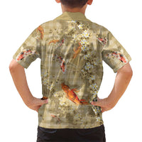 Beige Palaka Hawaiian And Japanese Family Matching Off The Shoulder Long Sleeve Dress and Hawaiian Shirt Sakura Lei With Koi Fish DT05 - Polynesian Pride