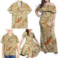 Beige Palaka Hawaiian And Japanese Family Matching Off Shoulder Maxi Dress and Hawaiian Shirt Sakura Lei With Koi Fish DT05 - Polynesian Pride