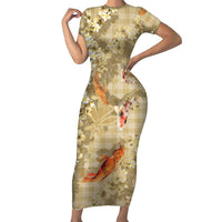 Beige Palaka Hawaiian And Japanese Family Matching Short Sleeve Bodycon Dress and Hawaiian Shirt Sakura Lei With Koi Fish DT05 Mom's Dress Beige - Polynesian Pride