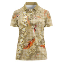 Beige Palaka Hawaiian And Japanese Women Polo Shirt Sakura Lei With Koi Fish - Polynesian Pride