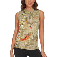 Beige Palaka Hawaiian And Japanese Women Sleeveless Polo Shirt Sakura Lei With Koi Fish - Polynesian Pride