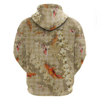 Beige Palaka Hawaiian And Japanese Zip Hoodie Sakura Lei With Koi Fish - Polynesian Pride