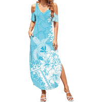 Hawaii Kanaka Maoli Family Matching Summer Maxi Dress and Hawaiian Shirt Polynesian Turtle Tattoo DT05 Mom's Dress Blue - Polynesian Pride