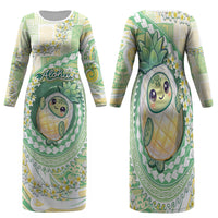 Hawaii Pineapple Family Matching Long Sleeve Bodycon Dress and Hawaiian Shirt Cute Cosplay Turtle Plumeria Spiral DT05 Mom's Dress Mint - Polynesian Pride