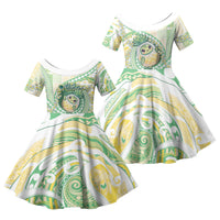 Hawaii Pineapple Family Matching Off Shoulder Short Dress and Hawaiian Shirt Cute Cosplay Turtle Plumeria Spiral DT05 Daughter's Dress Mint - Polynesian Pride