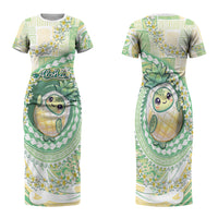 Hawaii Pineapple Family Matching Short Sleeve Bodycon Dress and Hawaiian Shirt Cute Cosplay Turtle Plumeria Spiral DT05 Mom's Dress Mint - Polynesian Pride