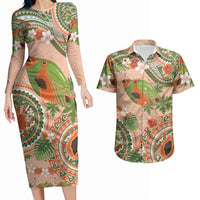Hawaii Papaya Couples Matching Long Sleeve Bodycon Dress and Hawaiian Shirt Cute Cosplay Humuhumu Fish Plumeria Waves DT05 Orange - Polynesian Pride