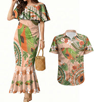 Hawaii Papaya Couples Matching Mermaid Dress and Hawaiian Shirt Cute Cosplay Humuhumu Fish Plumeria Waves DT05 Orange - Polynesian Pride