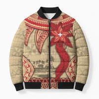 Tonga Language Week Bomber Puffer Jacket Tribal Cross Ngatu Floral Pattern