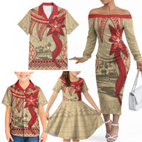 Tonga Language Week Family Matching Off The Shoulder Long Sleeve Dress and Hawaiian Shirt Tribal Cross Ngatu Floral Pattern DT05 - Polynesian Pride