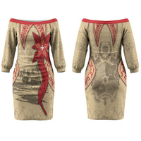Tonga Language Week Family Matching Off The Shoulder Long Sleeve Dress and Hawaiian Shirt Tribal Cross Ngatu Floral Pattern DT05 Mom's Dress Red - Polynesian Pride