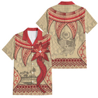 Tonga Language Week Family Matching Off The Shoulder Long Sleeve Dress and Hawaiian Shirt Tribal Cross Ngatu Floral Pattern DT05 Dad's Shirt - Short Sleeve Red - Polynesian Pride