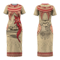 Tonga Language Week Family Matching Short Sleeve Bodycon Dress and Hawaiian Shirt Tribal Cross Ngatu Floral Pattern DT05 Mom's Dress Red - Polynesian Pride